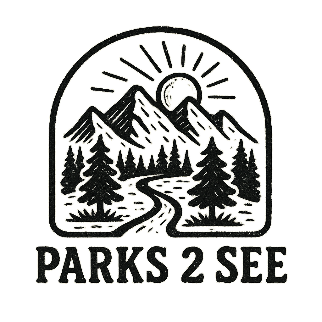 Parks 2 See Logo, path leading through trees into mountains beneath a sunrise.